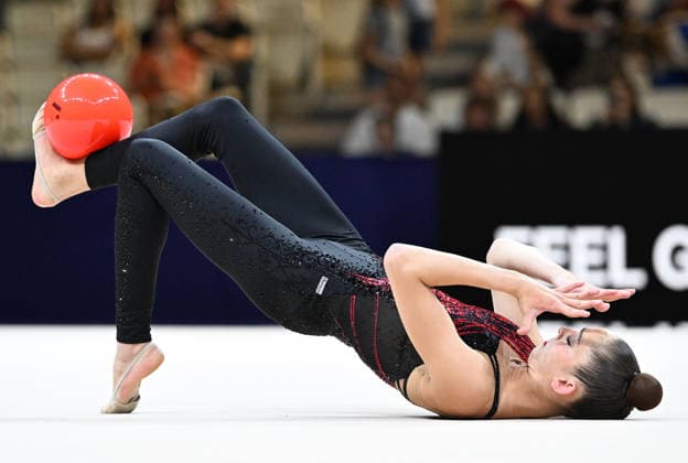 August 12, 2026, xhbx, 2026 Rhythmic Gymnastics World Championships, from left: Daniela Munits, Israel, ball routine. DFL and DFB regulations prohibit any use of photographs as image sequences and or quasi-video. Frankfurt am Main