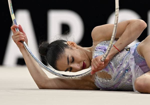 August 12, 2026, xhbx, 2026 Rhythmic Gymnastics World Championships, from left: Eva Brezalieva (Bulgaria), hoop routine. DFL and DFB regulations prohibit any use of photographs as image sequences and or quasi-video. Frankfurt am Main