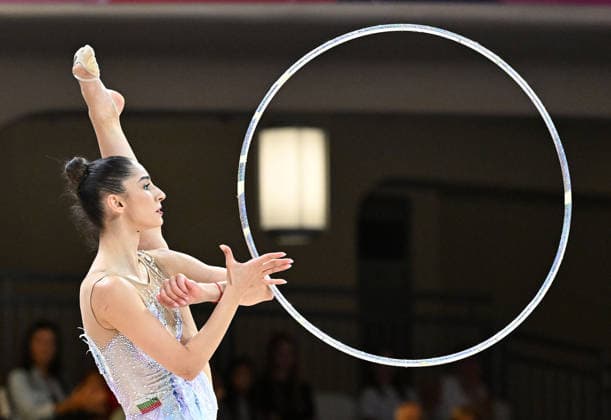 August 12, 2026, xhbx, 2026 Rhythmic Gymnastics World Championships, from left: Eva Brezalieva (Bulgaria), hoop routine. DFL and DFB regulations prohibit any use of photographs as image sequences and or quasi-video. Frankfurt am Main