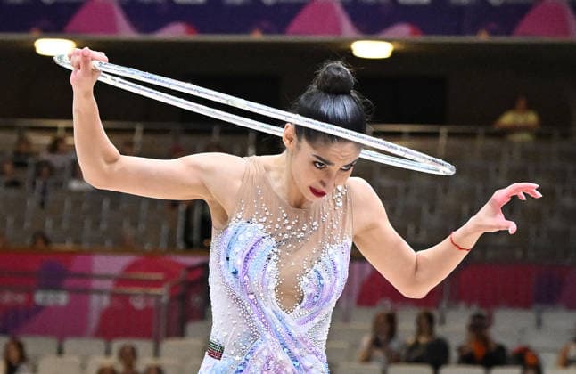August 12, 2026, xhbx, 2026 Rhythmic Gymnastics World Championships, from left: Eva Brezalieva (Bulgaria), hoop routine. DFL and DFB regulations prohibit any use of photographs as image sequences and or quasi-video. Frankfurt am Main