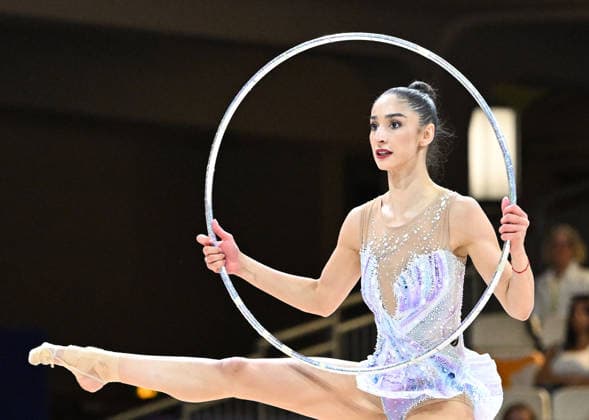 August 12, 2026, xhbx, 2026 Rhythmic Gymnastics World Championships, from left: Eva Brezalieva (Bulgaria), hoop routine. DFL and DFB regulations prohibit any use of photographs as image sequences and or quasi-video. Frankfurt am Main