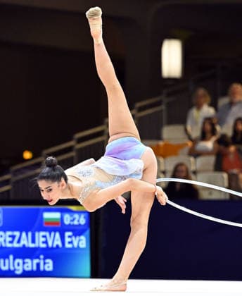 August 12, 2026, xhbx, 2026 Rhythmic Gymnastics World Championships, from left: Eva Brezalieva (Bulgaria), hoop routine. DFL and DFB regulations prohibit any use of photographs as image sequences and or quasi-video. Frankfurt am Main