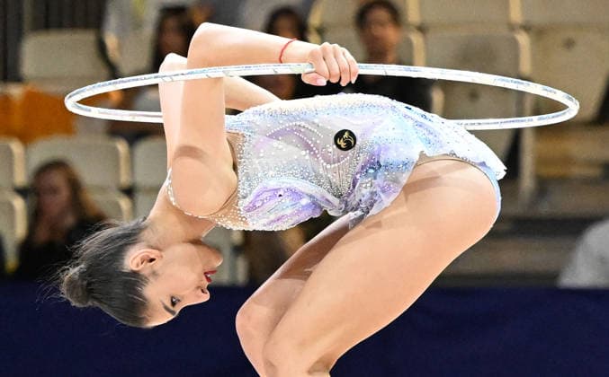 August 12, 2026, xhbx, 2026 Rhythmic Gymnastics World Championships, from left: Eva Brezalieva (Bulgaria), hoop routine. DFL and DFB regulations prohibit any use of photographs as image sequences and or quasi-video. Frankfurt am Main