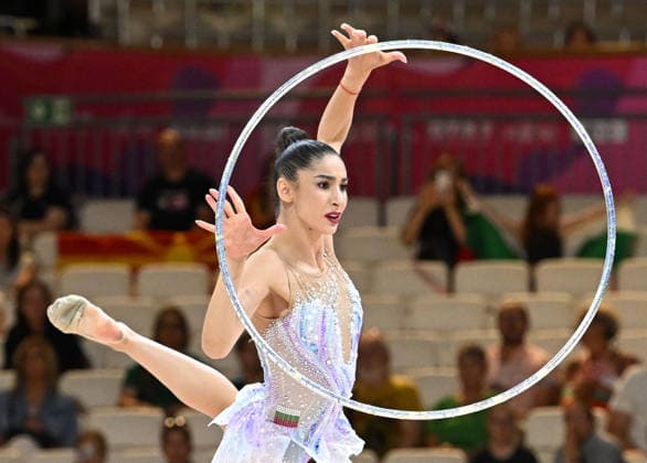 August 12, 2026, xhbx, 2026 Rhythmic Gymnastics World Championships, from left: Eva Brezalieva (Bulgaria), hoop routine. DFL and DFB regulations prohibit any use of photographs as image sequences and or quasi-video. Frankfurt am Main