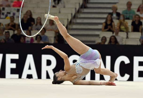 August 12, 2026, xhbx, 2026 Rhythmic Gymnastics World Championships, from left: Eva Brezalieva (Bulgaria), hoop routine. DFL and DFB regulations prohibit any use of photographs as image sequences and or quasi-video. Frankfurt am Main