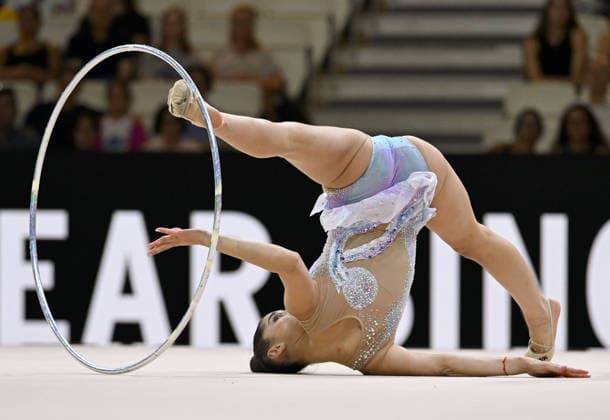 August 12, 2026, xhbx, 2026 Rhythmic Gymnastics World Championships, from left: Eva Brezalieva (Bulgaria), hoop routine. DFL and DFB regulations prohibit any use of photographs as image sequences and or quasi-video. Frankfurt am Main