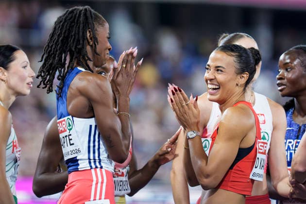 BIRMINGHAM, GREAT BRITAIN - AUGUST 11, 2026 : Laeticia BAPTÉ (FRA France) and Ditaji KAMBUNDJI (SUI Switzerland) after the 100m hurdles final during the European Athletics Championships at Alexander Stadium on August 11, 2026 in Birmingham, Great Britain. Great Britain Copyright: xLeahxKohringx