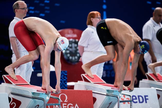 August 12, 2026: Elias Klev of Norway and Ludvig Bartolek of Sweden in the men’s 100-meter butterfly swimming heats during Day 13 of the 2026 European Aquatics Championships on August 12, 2026 in Saint Denis. Photo by Joel Marklund. BILDBYRAN code JM JM0840 bbeng swimming 2026 European Aquatics Championships EM Sweden  Copyright: JOELxMARKLUND BB260812JM015