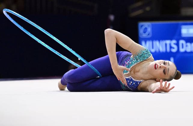August 12, 2026, xhbx, 2026 Rhythmic Gymnastics World Championships, from left: Daniela Munits, Israel, hoop routine. DFL and DFB regulations prohibit any use of photographs as image sequences and or quasi-video. Frankfurt am Main