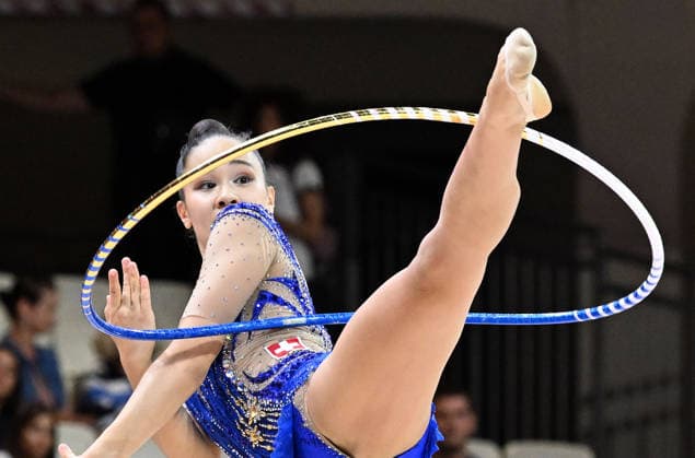August 12, 2026, xhbx, 2026 Rhythmic Gymnastics World Championships, from left: Lauren Grüniger (Switzerland), hoop routine. DFL and DFB regulations prohibit any use of photographs as image sequences and or quasi-video. Frankfurt am Main