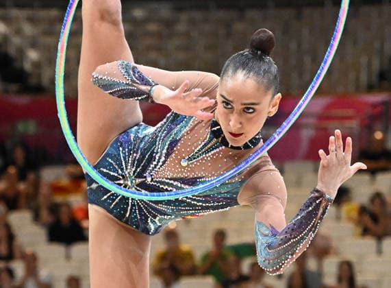August 12, 2026, xhbx, 2026 Rhythmic Gymnastics World Championships, from left: Daniela Pico (Spain), hoop routine. DFL and DFB regulations prohibit any use of photographs as image sequences and or quasi-video. Frankfurt am Main