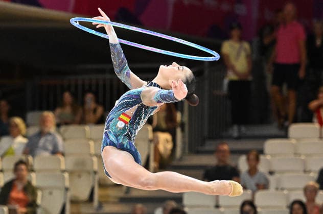 August 12, 2026, xhbx, 2026 Rhythmic Gymnastics World Championships, from left: Daniela Pico (Spain), hoop routine. DFL and DFB regulations prohibit any use of photographs as image sequences and or quasi-video. Frankfurt am Main