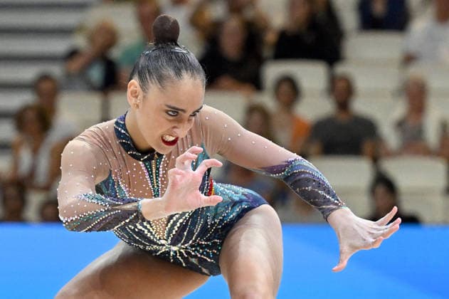 August 12, 2026, xhbx, 2026 Rhythmic Gymnastics World Championships, from left: Daniela Pico (Spain), hoop routine. DFL and DFB regulations prohibit any use of photographs as image sequences and or quasi-video. Frankfurt am Main