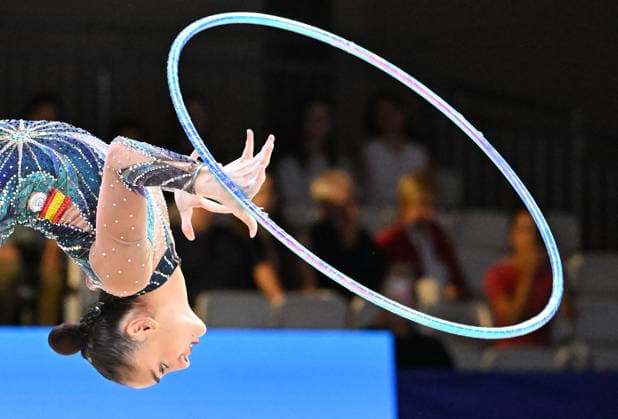 August 12, 2026, xhbx, 2026 Rhythmic Gymnastics World Championships, from left: Daniela Pico (Spain), hoop routine. DFL and DFB regulations prohibit any use of photographs as image sequences and or quasi-video. Frankfurt am Main