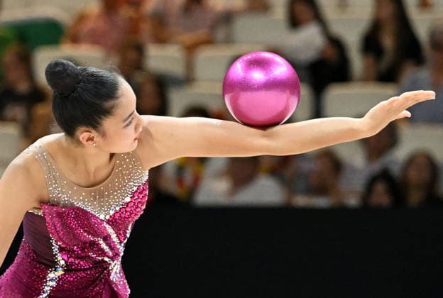 August 12, 2026, xhbx, 2026 Rhythmic Gymnastics World Championships, from left: Lauren Grüniger (Switzerland), ball routine. DFL and DFB regulations prohibit any use of photographs as image sequences and or quasi-video. Frankfurt am Main