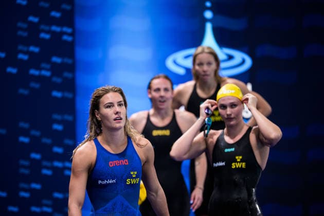 August 12, 2026: Sofia Astedt, Sara Junevik, Louise Hansson, and Elvira Mörtstrand of Sweden after competing in the women’s 4x100-meter freestyle swimming heats on Day 13 of the 2026 European Aquatics Championships on August 12, 2026 in Saint-Denis. Photo by Joel Marklund. BILDBYRAN code JM JM0840 bbeng swimming 2026 European Aquatics Championships EM women Sweden  Copyright: JOELxMARKLUND BB260812JM053