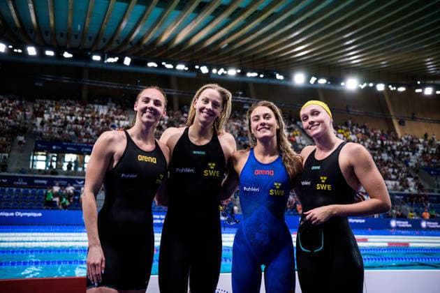 August 12, 2026: Sara Junevik, Louise Hansson, Sofia Astedt, and Elvira Mörtstrand of Sweden pose for a group photo after competing in the women’s 4x100-meter freestyle swimming heats on Day 13 of the 2026 European Aquatics Championships on August 12, 2026 in Saint-Denis. Photo by Joel Marklund. BILDBYRAN code JM JM0840 bbeng swimming 2026 European Aquatics Championships women’s Sweden  Copyright: JOELxMARKLUND BB260812JM054