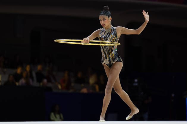 World Rhythmic Gymnastics Championships: Talya Elkhayat of Syria during her hoop routine. World Rhythmic Gymnastics Championships, August 11–16, at the Festhalle in Frankfurt am Main. Qualifying Round, Day 1, Frankfurt am Main, Hesse, Germany, Festhalle