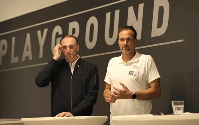 Photo: Managers Viktor Szilagyi (right), THW Kiel, and Holger Glandorf (left), Flensburg, at the start of the Handball Bundesliga season; press conference of the northern clubs in Kiel on Tuesday, August 11, 2026