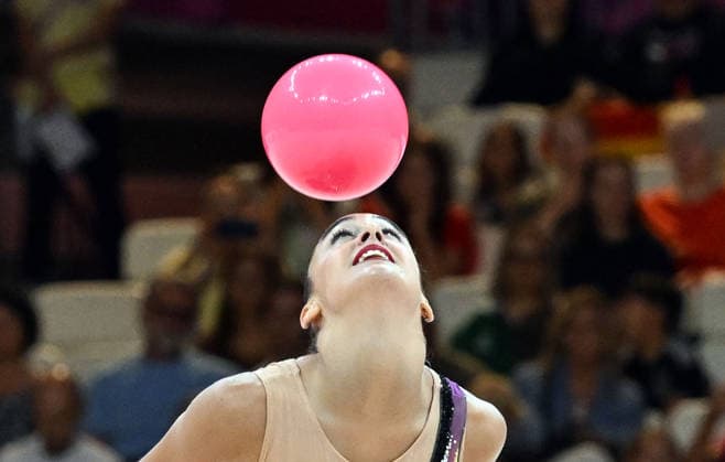 August 12, 2026, xhbx, 2026 Rhythmic Gymnastics World Championships, from left: Daniela Pico (Spain), ball routine. DFL and DFB regulations prohibit any use of photographs as image sequences and or quasi-video. Frankfurt am Main