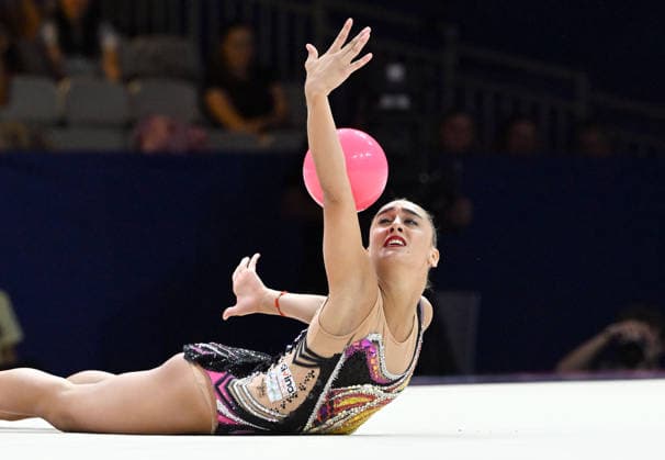 August 12, 2026, xhbx, 2026 Rhythmic Gymnastics World Championships, from left: Daniela Pico (Spain), ball routine. DFL and DFB regulations prohibit any use of photographs as image sequences and or quasi-video. Frankfurt am Main