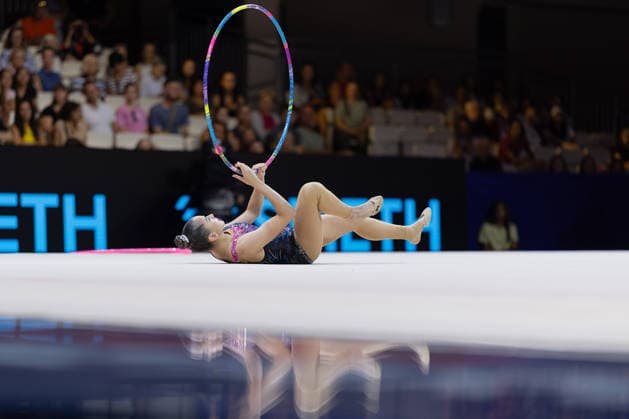 World Rhythmic Gymnastics Championships: Gloria Sanchez Arguedas of Costa Rica during her hoop routine. World Rhythmic Gymnastics Championships, August 11–16, at the Festhalle in Frankfurt am Main. Qualifying Round, Day 1, Frankfurt am Main, Hesse, Germany, Festhalle