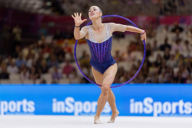 World Rhythmic Gymnastics Championships: Emilia Heichel of Poland during her hoop routine. World Rhythmic Gymnastics Championships, August 11–16, at the Festhalle in Frankfurt am Main. Qualifying Round, Day 1, Frankfurt am Main, Hesse, Germany, Festhalle