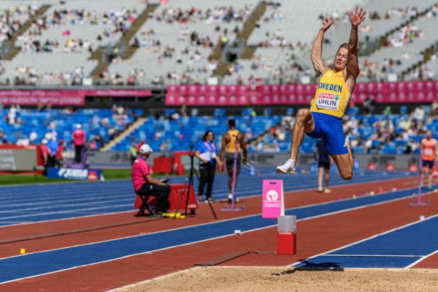 August 12, 2026: Emil Uhlin of Sweden competes in the men’s decathlon long jump during Day 3 of the 2026 European Athletics Championships on August 12, 2026 in Birmingham. Photo by Mathias Bergeld, BILDBYRAN, code MB MT1066. track and field, athletics, friidrett, friidrotts EM, 2026 European Athletics Championships, Day 3, decathlon, Sweden  Copyright: MATHIASxBERGELD BB260812MB031