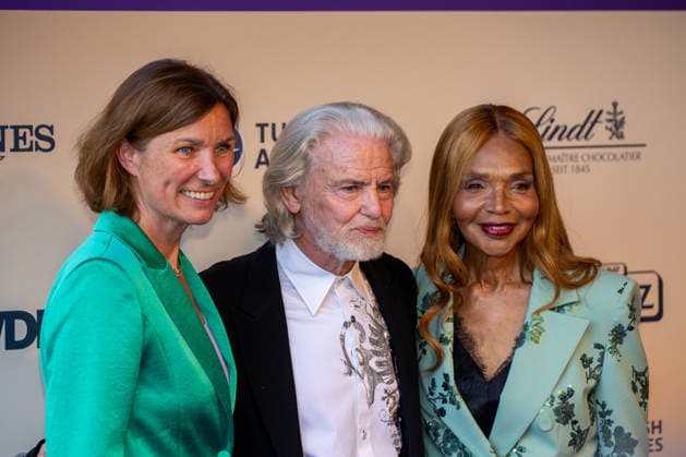 ALRV President Stefanie Peters with Lambertz owner Dr. Hermann Bühlbecker and Valerie Morris Campbell at Media Night during the 2026 FEI World Championships in Aachen, August 11, 2026; 2026 FEI World Championships in Aachen, Media Night, August 11, 2026, Aachen Copyright: xEibner-Pressefoto J.xDerondeaux EP_JDU