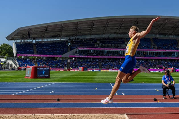 August 12, 2026: Emil Uhlin of Sweden competes in the men’s decathlon long jump during Day 3 of the 2026 European Athletics Championships on August 12, 2026 in Birmingham. Photo by Mathias Bergeld, BILDBYRAN, code MB MT1066. track and field, athletics, friidrett, friidrotts EM, 2026 European Athletics Championships, Day 3, decathlon, Sweden  Copyright: MATHIASxBERGELD BB260812MB036