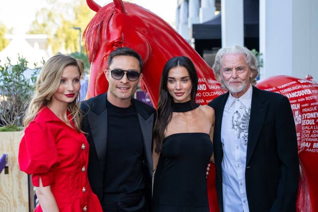 Anna Hiltrop with Ed Westwick, Amy Jackson, and Lambertz owner Dr. Hermann Bühlbecker at Media Night during the 2026 FEI World Championships in Aachen, August 11, 2026; 2026 FEI World Championships in Aachen, Media Night, August 11, 2026, Aachen Copyright: xEibner-Pressefoto J.xDerondeaux EP_JDU
