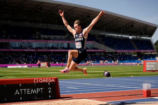 2026 European Outdoor Athletics Championships, Day 3, Birmingham, England, August 12, 2026: Sander Aae Skotheim competing in the men’s long jump as part of the decathlon at the 2026 European Athletics Championships at Alexander Stadium in Birmingham on Wednesday. Photo: Beate Oma Dahle, NTB, Birmingham, England. EDITORIAL USE ONLY. RESTRICTED USE FOR BETTING COMPANIES.  Copyright: xBeatexOmaxDahlex xNTBx