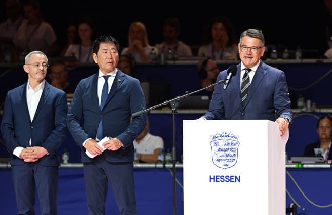 August 12, 2026, xhbx, 2026 Rhythmic Gymnastics World Championships, from left: Boris Rhein opens the World Championships. DFL DFB REGULATIONS PROHIBIT ANY USE OF PHOTOGRAPHS AS IMAGE SEQUENCES AND OR QUASI-VIDEO. Frankfurt am Main
