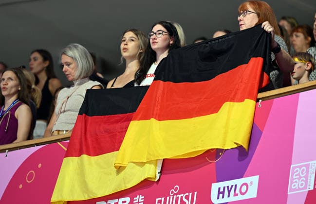 August 12, 2026, xhbx, 2026 Rhythmic Gymnastics World Championships, from left: German fans. DFL, DFB regulations prohibit any use of photographs as image sequences and or quasi-video. Frankfurt am Main