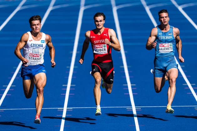 European Athletics Championships, Birmingham, August 12, 2026 BIRMINGHAM, UNITED KINGDOM AUGUST 12 From left to right: Vilem Strasky (CZE, Czech Republic), Andrin Huber (Switzerland), and Risto Lillemets (Estonia) compete in the 100-meter dash on August 12, 2026, in Birmingham, United Kingdom Copyright: xBEAUTIFULxSPORTS UlfxSchillerx