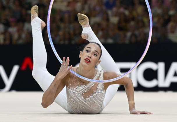 August 12, 2026, xhbx, 2026 Rhythmic Gymnastics World Championships, from left: Alba Bautista (Spain), hoop routine. DFL and DFB regulations prohibit any use of photographs as image sequences and or quasi-video. Frankfurt am Main