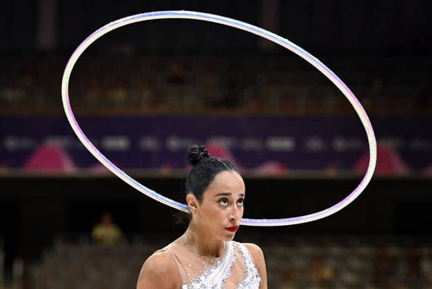 August 12, 2026, xhbx, 2026 Rhythmic Gymnastics World Championships, from left: Alba Bautista (Spain), hoop routine. DFL and DFB regulations prohibit any use of photographs as image sequences and or quasi-video. Frankfurt am Main