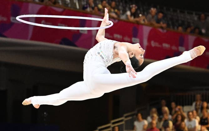 August 12, 2026, xhbx, 2026 Rhythmic Gymnastics World Championships, from left: Alba Bautista (Spain), hoop routine. DFL and DFB regulations prohibit any use of photographs as image sequences and or quasi-video. Frankfurt am Main