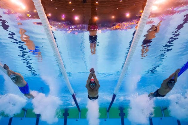 August 12, 2026: Hubert Kos of Hungary, Noe Ponti of Switzerland, and Simon Bucher of Austria compete in the men’s 100-meter butterfly swimming heats during Day 13 of the 2026 European Aquatics Championships on August 12, 2026 in Saint Denis. Photo by Joel Marklund. BILDBYRAN code JM JM0840 bbeng swimming 2026 European Aquatics Championships EM  Copyright: JOELxMARKLUND BB260812JM064