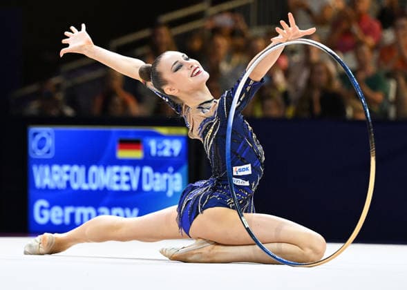 August 12, 2026, xhbx, 2026 Rhythmic Gymnastics World Championships, from left: Darja Varfolomeev (Germany), hoop routine. DFL and DFB regulations prohibit any use of photographs as image sequences and or quasi-video. Frankfurt am Main