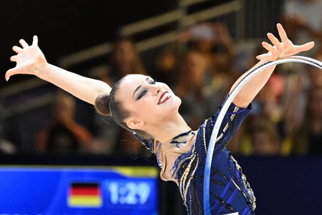 August 12, 2026, xhbx, 2026 Rhythmic Gymnastics World Championships, from left: Darja Varfolomeev (Germany), hoop routine. DFL and DFB regulations prohibit any use of photographs as image sequences and or quasi-video. Frankfurt am Main