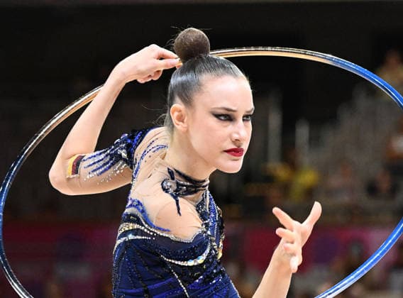 August 12, 2026, xhbx, 2026 Rhythmic Gymnastics World Championships, from left: Darja Varfolomeev (Germany), hoop routine. DFL and DFB regulations prohibit any use of photographs as image sequences and or quasi-video. Frankfurt am Main