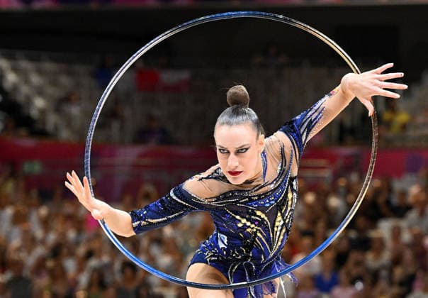 August 12, 2026, xhbx, 2026 Rhythmic Gymnastics World Championships, from left: Darja Varfolomeev (Germany), hoop routine. DFL and DFB regulations prohibit any use of photographs as image sequences and or quasi-video. Frankfurt am Main