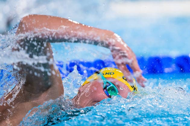 August 12, 2026: Elvira Mörtstrand of Sweden competes in the women’s 4x100-meter freestyle swimming heats during Day 13 of the 2026 European Aquatics Championships on August 12, 2026 in Saint-Denis. Photo by Joel Marklund, BILDBYRAN, code JM JM0840 bbeng swimming 2026 European Aquatics Championships EMA women Sweden  Copyright: JOELxMARKLUND BB260812JM088