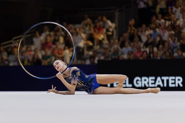 World Rhythmic Gymnastics Championships: Darja Varfolomeev of Germany during her hoop routine. World Rhythmic Gymnastics Championships, August 11–16, at the Festhalle in Frankfurt am Main. Qualifying Round, Day 1, Frankfurt am Main, Hesse, Germany, Festhalle