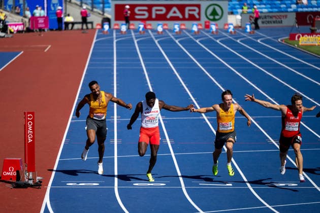 August 12, 2026, GBR, Track and Field, 2026 European Championships, Morning Session Day 3, Birmingham Leo Neugebauer (Germany), Makenson Gletty (France), Amadeus Gräber (Germany), Nino Portmann (Switzerland), Men’s Decathlon, 100-meter dash, Birmingham Alexander Stadium, England, Great Britain Copyright: xNordphoto Memmlerx