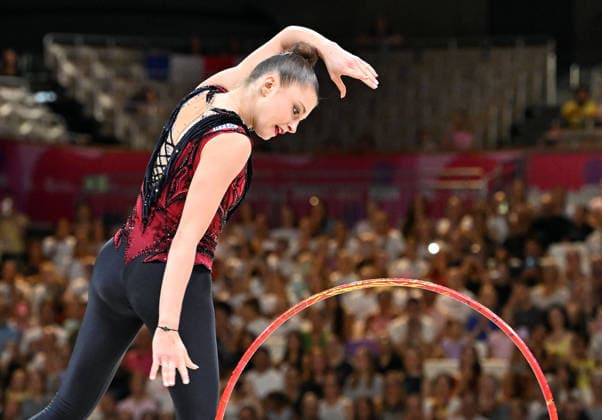 August 12, 2026, xhbx, 2026 Rhythmic Gymnastics World Championships, from left: Lada Pusch, Germany, hoop routine. DFL and DFB regulations prohibit any use of photographs as image sequences and or quasi-video. Frankfurt am Main