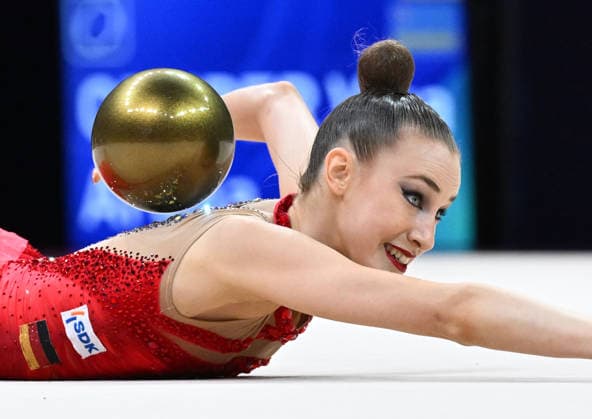 August 12, 2026, xhbx, 2026 Rhythmic Gymnastics World Championships, from left: Darja Varfolomeev, Germany, ball routine. DFL and DFB regulations prohibit any use of photographs as image sequences and or quasi-video. Frankfurt am Main