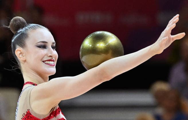 August 12, 2026, xhbx, 2026 Rhythmic Gymnastics World Championships, from left: Darja Varfolomeev, Germany, ball routine. DFL and DFB regulations prohibit any use of photographs as image sequences and or quasi-video. Frankfurt am Main