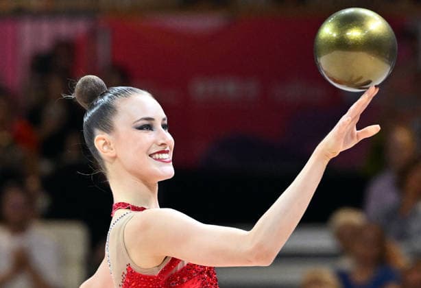August 12, 2026, xhbx, 2026 Rhythmic Gymnastics World Championships, from left: Darja Varfolomeev, Germany, ball routine. DFL and DFB regulations prohibit any use of photographs as image sequences and or quasi-video. Frankfurt am Main